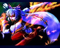 Rule 34 | 1girl, artist request, bamboo, bamboo forest, female focus, fiery wings, fighting stance, fire, forest, fujiwara no mokou, full moon, hair ribbon, long hair, moon, moonlight, nature, night, oborobo, open mouth, red eyes, ribbon, silver hair, solo, teeth, touhou, wings