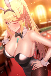 Rule 34 | 1girl, ;), alternate costume, alternate hairstyle, animal ears, black bow, black bowtie, black leotard, blonde hair, blurry, blurry background, bow, bowtie, breasts, brown pantyhose, casino, chest jewel, cleavage, closed mouth, commentary request, covered navel, detached collar, drop earrings, earrings, fake animal ears, fishnet pantyhose, fishnets, hand on own hip, hand up, highleg, highleg leotard, highres, indoors, jewelry, large breasts, leotard, long hair, mebi il, mythra (xenoblade), one eye closed, pantyhose, playboy bunny, ponytail, rabbit ears, smile, solo, swept bangs, white wrist cuffs, wrist cuffs, xenoblade chronicles (series), xenoblade chronicles 2, yellow eyes
