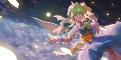 Rule 34 | 1girl, above clouds, absurdres, blue dress, bow, cloud, commentary request, daiyousei, dress, earrings, fairy wings, feet out of frame, green eyes, green hair, hair bow, hand up, highres, jewelry, long hair, looking at viewer, luan ib, necktie, night, night sky, orange bow, orange necktie, pointy ears, short sleeves, sky, smile, solo, star (sky), starry sky, touhou, waist bow, wings, wrist cuffs