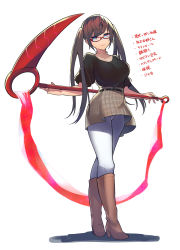 Rule 34 | 1girl, baniran dorosu, blue eyes, boots, brown footwear, brown hair, closed mouth, collarbone, fingernails, frills, glasses, high heel boots, high heels, highres, holding, holding scythe, holding weapon, long hair, original, plaid, plaid skirt, puffy sleeves, red eyes, scythe, simple background, skirt, solo, standing, twintails, weapon, white background