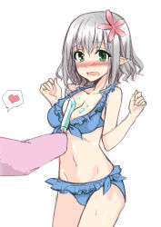 Rule 34 | 10s, 1girl, amagi brilliant park, arms at sides, between breasts, bikini, blue bikini, blush, breasts, cleavage, flower, flower on head, food, forearms at chest, frilled bikini, frills, fujimi shobo, green eyes, hair flower, hair ornament, heart, hika (cross-angel), melting, muse (amaburi), open mouth, phallic symbol, pointy ears, popsicle, sexually suggestive, short hair, silver hair, simple background, sketch, solo focus, speech bubble, spoken heart, standing, swimsuit, tiramii, white background
