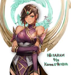Rule 34 | 1girl, armor, bare shoulders, blush, breasts, brown hair, cowboy shot, dress, elbow gloves, fingerless gloves, gloves, green eyes, hair tubes, injury, karma (league of legends), komecchi, komech24, league of legends, looking at viewer, magic, one eye closed, purple dress, short hair, sidelocks, simple background, solo, tiara, torn clothes, underbust, white background, wince