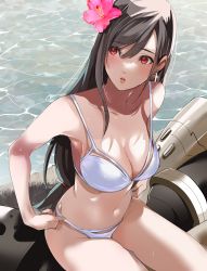 Rule 34 | 1girl, absurdres, bikini, breasts, brown hair, cleavage, collarbone, commentary, costa del sol, final fantasy, final fantasy vii, flower, hair flower, hair ornament, highres, large breasts, long hair, looking up, navel, red eyes, shoji sakura, sitting, solo, square enix, swimsuit, symbol-only commentary, tifa lockhart, water, white bikini