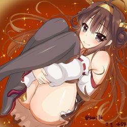 Rule 34 | 10s, 1girl, ass, bare shoulders, blue eyes, blush, boots, brown hair, detached sleeves, double bun, fetal position, hair bun, hairband, japanese clothes, kantai collection, kongou (kancolle), long hair, lying, nontraditional miko, on side, plantar flexion, saki chisuzu, skirt, smile, solo, thick thighs, thighhighs, thighs
