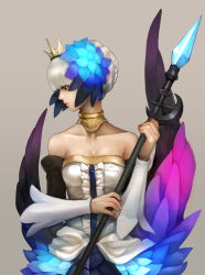 Rule 34 | 1girl, absurdres, armor, armored dress, brown eyes, crown, dress, feathers, gd choco, gwendolyn (odin sphere), highres, multicolored wings, odin sphere, pteruges, silver hair, solo, strapless, strapless dress, wings