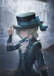 Rule 34 | 1girl, absurdres, adjusting clothes, adjusting headwear, artist name, ascot, black coat, black hat, blue bow, boater hat, bow, brooch, building, closed mouth, coat, collapsing, collared shirt, from side, green eyes, grey hair, grey vest, hair bun, hand on headwear, hand up, hat, hat bow, highres, jewelry, long sleeves, looking at viewer, newspaper, outdoors, panmee, profile, rain, reverse:1999, road, shirt, short hair, signature, single side bun, solo, street, upper body, vest, waistcoat, white ascot, white shirt