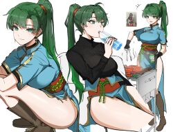 Rule 34 | +++, 1girl, absurdres, black gloves, black shirt, blue dress, boots, bottle, breasts, brown footwear, can, closed mouth, cooking, dress, drink can, earrings, fingerless gloves, fire emblem, fire emblem: the blazing blade, food, gloves, green eyes, green hair, grill, grill la grill (meme), high ponytail, highres, holding, holding bottle, holding can, holding tongs, jewelry, kebab, knee boots, large breasts, light blush, long hair, long sleeves, looking at viewer, lyn (fire emblem), meat, meme, mole, mole under eye, multiple views, nintendo, open mouth, ormille, pelvic curtain, photo inset, pinky out, plastic bottle, ponytail, ribbed shirt, sausage, shirt, simple background, sitting, smile, squatting, standing, thighs, tongs, turtleneck, turtleneck shirt, very long hair, water bottle, white background