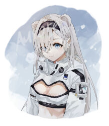 Rule 34 | 1girl, absurdres, animal ears, arknights, aurora (arknights), bear ears, black hairband, blue eyes, breasts, cleavage, cleavage cutout, clothing cutout, commentary, crop top, cropped jacket, grey hair, hairband, highres, jacket, long hair, looking at viewer, medium breasts, midriff, ntto, smile, solo, upper body, very long hair, white jacket