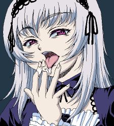 Rule 34 | 00s, 1girl, blue background, cum, lowres, pale skin, pink eyes, rozen maiden, saliva, sexually suggestive, silver hair, solo, suigintou, tongue