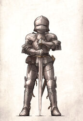 Rule 34 | absurdres, armor, breastplate, full armor, gauntlets, greaves, helmet, highres, holding, holding sword, holding weapon, ironlily, knight, original, pauldrons, plate armor, scabbard, sheath, shoulder armor, solo, sword, two-handed sword, visor (armor), weapon