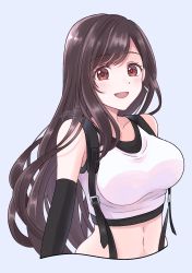 1girl absurdres bare_shoulders black_hair breasts brown_hair crop_top detached_sleeves earrings final_fantasy final_fantasy_vii final_fantasy_vii_remake floating_earring highres jewelry kt9_ct large_breasts long_hair looking_at_viewer midriff navel open_mouth red_eyes solo suspenders swept_bangs tank_top tifa_lockhart upper_body white_tank_top