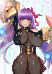Rule 34 | 10s, 1girl, belt collar, bodysuit, bow, breasts, claws, collar, fate/extra, fate/extra ccc, fate (series), hair bow, hair ribbon, heart, heart-shaped pupils, highres, huge breasts, long hair, looking at viewer, pantyhose, parted lips, passionlip (fate), petals, pink eyes, purple hair, randy (awesomevillage), ribbon, solo, symbol-shaped pupils, unaligned breasts, very long hair