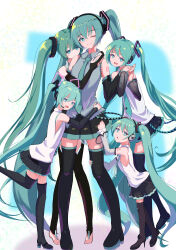 Rule 34 | 5girls, :d, ;d, absurdres, barefoot, black footwear, black skirt, black sleeves, black thighhighs, boots, collared shirt, commentary request, detached sleeves, green eyes, green hair, green nails, green necktie, grey shirt, hair between eyes, hatsune miku, high heels, highres, long hair, long sleeves, misho39, multiple girls, multiple persona, nail polish, necktie, one eye closed, open mouth, pleated skirt, see-through, see-through sleeves, shirt, shoes, skirt, sleeveless, sleeveless shirt, smile, thigh boots, thighhighs, twintails, very long hair, vocaloid, white shirt, wide sleeves