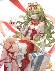 Rule 34 | 1girl, :d, alcohol, arrrrrry1, bare shoulders, barefoot, bow, bowtie, breasts, christmas, cleavage, crossed legs, cup, dress, drinking glass, gift, green eyes, green hair, grin, hair bow, holding, holding cup, honkai (series), honkai impact 3rd, long hair, looking at viewer, merry christmas, mobius (honkai impact), open mouth, red bow, red bowtie, red dress, simple background, sitting, slit pupils, small breasts, smile, snake, solo, teeth, wavy hair, white background, wine, wine glass