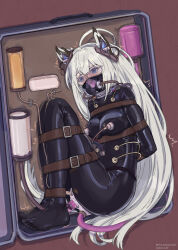 Rule 34 | 1girl, absurdres, ahoge, anal, anal object insertion, animal ears, arms behind back, azur lane, bdsm, blue eyes, bodysuit, bondage, bound, breasts, dated, fox ears, fox girl, fox tail, goggles, heart, heart-shaped pupils, highres, kawakaze (azur lane), long hair, mask, medium breasts, nero augustus, object insertion, oxygen mask, pee, restrained, symbol-shaped pupils, tail, tube, vaginal, vaginal object insertion, very long hair, white hair