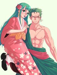 Rule 34 | 1boy, 1girl, absurdres, aqua hair, blue eyes, blunt bangs, blush, closed mouth, commentary, earrings, flower, green hair, hair flower, hair ornament, hair stick, hairpin, hand on another&#039;s ass, highres, japanese clothes, jewelry, kimono, kouzuki hiyori, lipstick, long hair, looking at viewer, makeup, one eye closed, one piece, opalis, open mouth, pink lips, roronoa zoro, scar, scar across eye, scar on chest, short hair, simple background, single earring, traditional clothes, v-shaped eyebrows