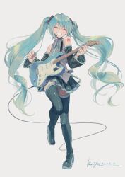 Rule 34 | 1girl, aqua hair, aqua nails, aqua necktie, bare shoulders, black footwear, black skirt, black sleeves, boots, closed eyes, collared shirt, dated, detached sleeves, electric guitar, full body, grey background, grey shirt, grin, guitar, hair ornament, hatsune miku, headset, highres, instrument, kaiya, knee up, light blush, long hair, music, necktie, number tattoo, playing instrument, pleated skirt, shirt, shoulder tattoo, signature, skirt, sleeveless, sleeveless shirt, smile, solo, standing, standing on one leg, tattoo, teeth, thigh boots, thighhighs, twintails, very long hair, vocaloid, wide sleeves, zettai ryouiki