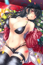Rule 34 | 1girl, azur lane, bikini, bikini pull, black bikini, black choker, black hair, black thighhighs, breasts, choker, clothes pull, confetti, crossed bangs, from above, jacket, large breasts, long hair, looking at viewer, looking up, lying, multi-strapped bikini bottom, notofuku, official alternate costume, on back, open clothes, open jacket, race queen, red eyes, red jacket, solo, swimsuit, taihou (azur lane), taihou (enraptured companion) (azur lane), thigh strap, thighhighs, very long hair