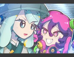 Rule 34 | 2girls, blue eyes, blue hair, blue headwear, bright pupils, chin strap, commentary request, creatures (company), furrowed brow, game freak, gloves, grey kimono, grin, hair between eyes, hat, hatsune miku, highres, japanese clothes, kimono, letterboxed, light blue hair, long hair, multicolored eyes, multicolored hair, multiple girls, nintendo, no sclera, pink eyes, pink gloves, pink hair, poison miku (project voltage), pokemon, project voltage, purple hair, sandogasa, sizimaiwanu, smile, steel miku (project voltage), teeth, twintails, v-shaped eyebrows, vocaloid, white pupils, yellow eyes