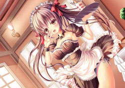Rule 34 | 1girl, :d, apron, bad id, bad pixiv id, black dress, blue panties, blush, bow, breasts, brown eyes, brown hair, cleavage, clothes lift, cowboy shot, curvy, detached collar, detached sleeves, dress, dress lift, dutch angle, food, frilled dress, frills, hair bow, hair over eyes, highres, holding, holding tray, indoors, lamp, lantern, large breasts, light rays, looking at viewer, maid, maid apron, maid headdress, moe2016, open mouth, original, panties, parfait, pocky, puffy short sleeves, puffy sleeves, short sleeves, side-tie panties, smile, solo, strapless, strapless dress, sunbeam, sunlight, thighs, tray, twintails, underbust, underwear, w, waist apron, walking, wide hips, window, wrist cuffs, yuuzuki hijiri