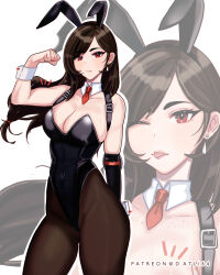 Rule 34 | animal ears, arm behind back, bare shoulders, black hair, black leotard, black pantyhose, breasts, cleavage, cowboy shot, datli64, detached collar, earrings, elbow pads, fake animal ears, final fantasy, final fantasy vii, flexing, highres, jewelry, large breasts, leotard, long hair, low-tied long hair, necktie, one eye closed, pantyhose, patreon username, playboy bunny, rabbit ears, red eyes, red necktie, strapless, strapless leotard, suspenders, swept bangs, tifa lockhart, tongue, tongue out, wrist cuffs
