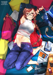 Rule 34 | 1girl, armpits, barefoot, biting own lip, blouse, blush, book, braid, breasts, brown eyes, brown hair, can, canned coffee, cellphone, commentary, computer, couch, denim, drink can, eyebrows hidden by hair, from above, full body, glasses, hair ornament, hairclip, headphones, highres, jeans, kanojo okarishimasu, laptop, long braid, long hair, looking at viewer, lying, medium breasts, midriff, mizuhara chizuru, nail polish, navel, on back, open pants, pants, parted lips, pen, phone, pillow, shirt, slippers, smile, solo, swept bangs, sydus, table, toenail polish, toenails, twin braids, underwear, unworn slippers, white shirt, wooden table