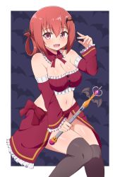 Rule 34 | 1girl, black thighhighs, blush, breasts, cleavage, fang, gabriel dropout, highres, long hair, looking at viewer, nyaroon, open mouth, purple eyes, red hair, satanichia kurumizawa mcdowell, simple background, solo, strapless, sweat, thighhighs, tube top
