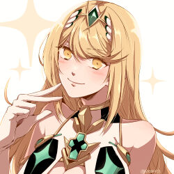 Rule 34 | 1girl, bare shoulders, blonde hair, breasts, cleavage, core crystal (xenoblade), eyelashes, long hair, looking at viewer, mythra (xenoblade), simple background, solo, sparkle, tiara, tomi (sooon103), upper body, white background, xenoblade chronicles (series), xenoblade chronicles 2, yellow eyes