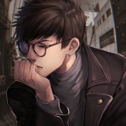 Rule 34 | 1boy, black jacket, blurry, blurry background, closed eyes, crack, cracked glass, earrings, glasses, grey shirt, hand on own chin, jacket, jewelry, leather, leather jacket, male focus, maou (maou62), mole, mole under mouth, original, outdoors, painttool sai (medium), shirt, short hair, solo, upper body
