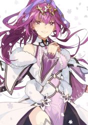 Rule 34 | 1girl, bare shoulders, blush, breasts, dress, fate/grand order, fate (series), fur-trimmed dress, fur trim, hair between eyes, hair ribbon, highres, jewelry, large breasts, long hair, looking at viewer, open mouth, pelvic curtain, pendant, ponytail, purple dress, purple hair, purple ribbon, red eyes, ribbon, scathach (fate), scathach skadi (fate), scathach skadi (third ascension) (fate), shiroi sora, simple background, smile, solo, thighhighs, thighs, tiara, white background, wide sleeves