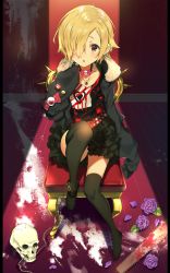 Rule 34 | 10s, 1girl, :o, ankle boots, belt, belt boots, black skirt, black thighhighs, blonde hair, boots, chain, chair, coat, collar, ear piercing, flower, fur trim, hair over one eye, harunoibuki, idolmaster, idolmaster cinderella girls, japanese saw, jewelry, looking at viewer, necklace, no shoes, petals, piercing, purple flower, purple rose, red eyes, rose, rose petals, saw, shirasaka koume, shoes, short hair, single shoe, sitting, skirt, skull, sleeves past wrists, solo, spiked collar, spikes, studded belt, thighhighs, zettai ryouiki
