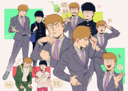 Rule 34 | ..., 2boys, bag, black hair, blonde hair, buttons, commentary, ekubo (mob psycho 100), english commentary, english text, formal, gakuran, gatoiberico, green jacket, green pants, grey jacket, grey pants, grey suit, gym uniform, hand in pocket, hand up, hands on own legs, highres, jacket, kageyama shigeo, long sleeves, looking at another, male focus, mob psycho 100, multiple boys, multiple views, necktie, open mouth, pants, pointing, purple necktie, reigen arataka, school bag, school uniform, shirt, short hair, simple background, sitting, smile, speech bubble, spirit, suit, sweat, white shirt