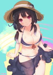 Rule 34 | absurdres, ahoge, alternate costume, bare shoulders, bikini, breasts, hat, hat ornament, highres, kantai collection, large breasts, low twintails, midriff, momimaki, navel, official alternate costume, purple hair, purple sarong, red eyes, sarong, smile, straw hat, swimsuit, taigei (kancolle), twintails