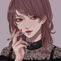 Rule 34 | 1girl, brown eyes, brown hair, cigarette, closed mouth, commission, earrings, fingernails, grey background, hand up, highres, holding, holding cigarette, jewelry, kagoya1219, lace, lace-trimmed shirt, lace trim, looking at viewer, medium hair, mole, mole under eye, original, portrait, sample watermark, shirt, simple background, smoking, solo, swept bangs, watermark