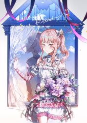 Rule 34 | 1other, absurdres, akiyama mizuki, androgynous, blush, bouquet, bow, closed eyes, closed mouth, cloud, commentary request, confetti, cowboy shot, curtains, detached sleeves, flower, hair bow, happy birthday, highres, holding, holding bouquet, lace, long hair, long sleeves, looking at viewer, mop 0211, parted lips, pink eyes, pink hair, pink ribbon, ponytail, project sekai, purple flower, ribbon, short hair, sidelocks, smile, upper body, white bow