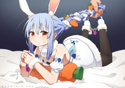 Rule 34 | 1girl, 1other, animal ear fluff, animal ears, bare shoulders, bed sheet, black pantyhose, blue hair, blush, bound, bound ankles, bound wrists, braid, breasts, bright pupils, carrot-shaped pillow, closed mouth, detached sleeves, disembodied hand, don-chan (usada pekora), dress, feet up, fur-trimmed dress, fur trim, grabbing another&#039;s hair, highres, hololive, lock, long hair, looking at viewer, lying, mountain han, multicolored hair, on bed, on stomach, oversized breast cup, padlock, pantyhose, pelt, pillow, puffy detached sleeves, puffy short sleeves, puffy sleeves, rabbit ears, rabbit girl, rabbit tail, red eyes, shoes, short sleeves, small breasts, solo focus, sweat, thick eyebrows, twin braids, two-tone hair, usada pekora, usada pekora (1st costume), virtual youtuber, white dress, white footwear, white hair, white pupils