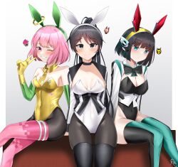 Rule 34 | 3girls, absurdres, animal ears, animification, artist name, asymmetrical clothes, asymmetrical legwear, black hair, blue eyes, blush, bow, bowtie, breasts, closed mouth, collar, detached collar, fake animal ears, gloves, highres, humagear headphones, is (kamen rider 01), kamen rider, kamen rider 01 (series), kamen rider ex-aid, kamen rider ex-aid (series), kamen rider geats, kamen rider zero-one, kamen rider zero-two, large breasts, leotard, long hair, long sleeves, looking at viewer, medium breasts, multiple girls, necktie, one eye closed, open mouth, pantyhose, pink eyes, pink hair, playboy bunny, ponytail, poppi pipopapo, rabbit ears, rabbit tail, reiei 8, robot ears, short hair, shrug (clothing), sitting, small breasts, smile, strapless, strapless leotard, tail, thighhighs, thighhighs over pantyhose, tsumuri (kamen rider geats), v, white background, yellow gloves