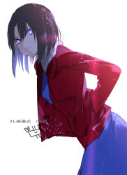 Rule 34 | 1girl, black hair, blue dress, blue eyes, dress, eyebrows hidden by hair, hair between eyes, hand in pocket, highres, jacket, kara no kyoukai, leaning forward, long sleeves, open clothes, open jacket, parted bangs, parted lips, red jacket, ryougi shiki, simple background, solo, white background, yuuki kira