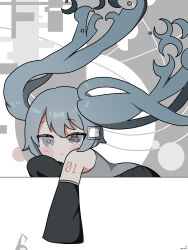 Rule 34 | 1girl, absurdres, aqua eyes, aqua hair, black skirt, black sleeves, blush stickers, commentary, detached sleeves, floating hair, grey shirt, hatsune miku, highres, leaning forward, looking at viewer, muted color, number tattoo, rolling girl (vocaloid), shirt, shoulder tattoo, skirt, solo, tattoo, tearing up, tochisa (tochisa513), toosenbo (vocaloid), unhappy refrain (vocaloid), unknown mother goose (vocaloid), ura-omote lovers (vocaloid), vocaloid, wowaka