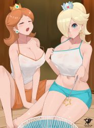 Rule 34 | 2girls, absurdres, artist logo, artist name, barefoot, blonde hair, blue shorts, blush, breasts, cleavage, commentary, crown, earrings, english commentary, fang, feet out of frame, full body, hair over one eye, highres, indoors, jewelry, kaos art, large breasts, legs, legs together, long hair, looking at viewer, mario (series), midriff, multiple girls, navel, nintendo, open mouth, orange hair, orange shorts, parted bangs, princess daisy, rosalina, shiny skin, shirt, short shorts, shorts, spread legs, super mario galaxy, super mario land, super smash bros., swept bangs, tank top, thighs, wand, white shirt