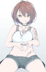 Rule 34 | 1girl, :p, ahoge, arm tattoo, azur lane, bad id, bad pixiv id, baltimore (azur lane), baltimore (black ace) (azur lane), bare shoulders, black choker, black shorts, braid, breasts, brown hair, chest tattoo, choker, cleavage, collarbone, commentary request, cowboy shot, crop top, french braid, gradient background, grey background, groin, hair between eyes, heart, heart hands, large breasts, looking at viewer, midriff, navel, no jacket, pubic tattoo, short hair, short shorts, shorts, shoulder tattoo, sidelocks, simple background, sitting, smile, solo, soynamin, sports bra, tattoo, tongue, tongue out, white background, white sports bra, yellow eyes