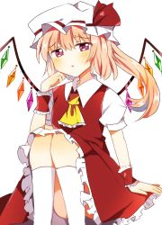 Rule 34 | 1girl, :t, arm support, ascot, blonde hair, blush, convenient leg, crystal, feet out of frame, flandre scarlet, hair between eyes, hand up, hat, highres, kneehighs, looking at viewer, mob cap, one side up, petticoat, puffy short sleeves, puffy sleeves, purple eyes, red skirt, red vest, short hair, short sleeves, sitting, skirt, socks, solo, touhou, vest, white socks, wing collar, wings, wrist cuffs, yellow ascot, zerokosan