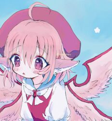 Rule 34 | 1girl, animal ears, bird ears, blue background, blush, brown dress, brown hat, dress, feathered wings, hair between eyes, hat, highres, mystia lorelei, one-hour drawing challenge, open mouth, pink eyes, pink hair, pink wings, puffy short sleeves, puffy sleeves, renakobonb, short hair, short sleeves, simple background, solo, touhou, twitter username, upper body, wings