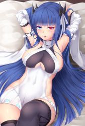 Rule 34 | 1girl, arm strap, armpits, arms behind head, arms up, azur lane, black thighhighs, blue eyes, blue hair, breasts, clothing cutout, covered navel, detached sleeves, glowing, glowing eyes, heterochromia, highres, hip focus, horns, ibuki (azur lane), large breasts, long hair, long sleeves, lying, nail polish, on back, open mouth, red eyes, ribbon, shiro usagi, sideboob, sidelocks, solo, thighhighs, thighs, underboob, underboob cutout, white ribbon