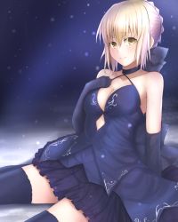 Rule 34 | 1girl, artoria pendragon (fate), blonde hair, blush, breasts, cleavage, dress, elbow gloves, fate/grand order, fate/stay night, fate (series), gloves, highres, maosame, saber (fate), saber alter, solo, thighhighs, yellow eyes, zettai ryouiki