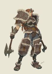 Rule 34 | 1girl, armor, axe, bandages, belt, boots, bracelet, braid, brown hair, buckle, full body, gloves, grey background, holding, holding weapon, horns, jewelry, original, pants, sonech, weapon, winter clothes