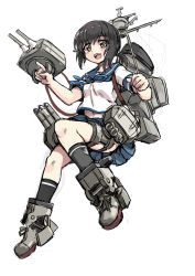 Rule 34 | 10s, 1girl, black hair, black socks, brown eyes, cannon, fubuki (kancolle), highres, kantai collection, looking at viewer, low ponytail, machinery, north abyssor, open mouth, ponytail, school uniform, serafuku, short ponytail, sidelocks, simple background, smokestack, socks, solo, turret, white background