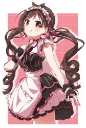 Rule 34 | 1girl, :q, antenna hair, apron, blush, brown hair, frilled wristband, grid background, highres, idolmaster, idolmaster cinderella girls, long hair, looking at viewer, official alternate costume, red eyes, smile, solo, tongue, tongue out, tsujino akari, twintails, two-tone background, two-tone dress, very long hair, waist apron, yairo ju