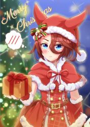 Rule 34 | 1girl, animal ears, belt, blue eyes, blush, bow, brown belt, brown hair, capelet, christmas tree, closed mouth, commentary, cursive, dress, english text, fingerless gloves, frown, fur-trimmed capelet, fur-trimmed dress, fur-trimmed gloves, fur trim, gift, giving, gloves, hair between eyes, hat, hat belt, hat bow, hat with ears, highres, holding, holding gift, holding sack, horse ears, horse girl, horse tail, looking at viewer, merry christmas, mokichi3356, narita taishin (umamusume), red capelet, red dress, red gloves, sack, santa dress, santa hat, short dress, short hair, solo, sparkle, spoken blush, standing, tail, text background, umamusume