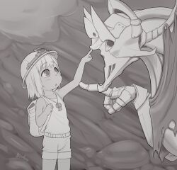 Rule 34 | 1girl, 1other, backpack, bag, creature, greyscale, hard hat, helmet, kionant, made in abyss, medium hair, monochrome, original, parted lips, shirt, shorts, signature, sleeveless, sleeveless shirt, whistle, whistle around neck